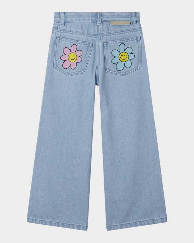 Girl's Flowers Print Wide-Leg Denim Pants, Size 4-8